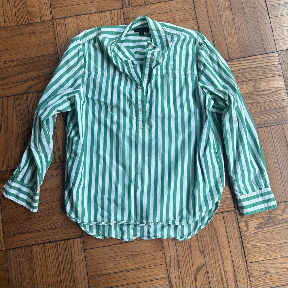 Green and White Striped Pop Over Button-Up Shirt J.Crew